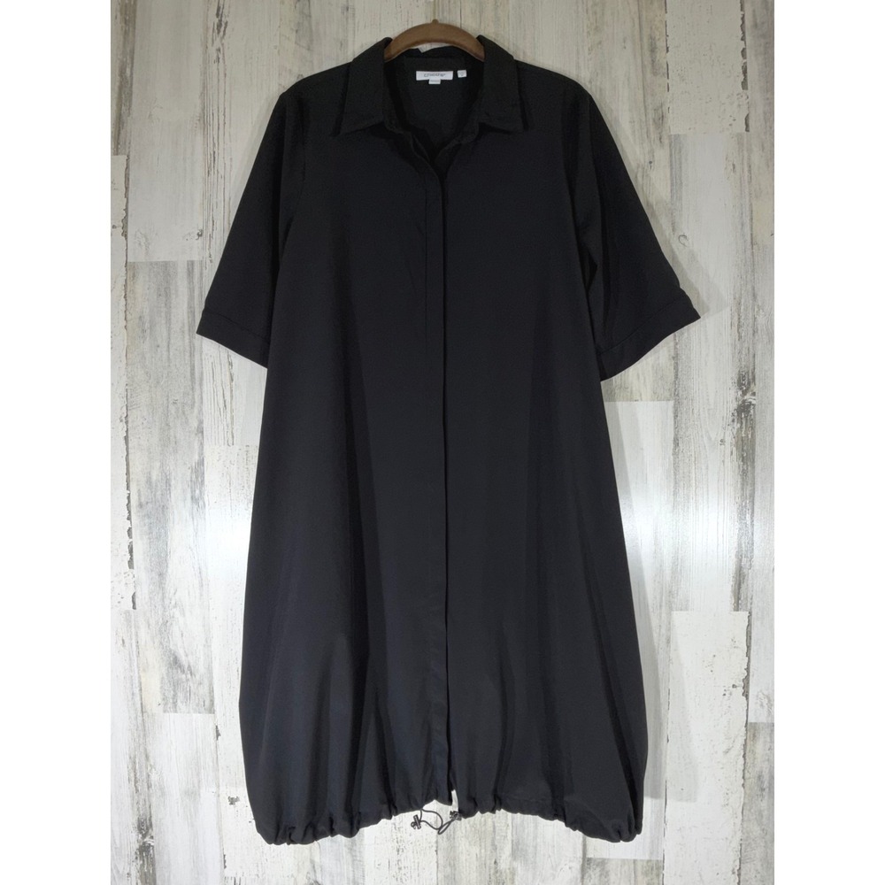 Chicos Shirt Dress Size 1 or Medium Black Bungee Drawstring Hem Pockets Minimal